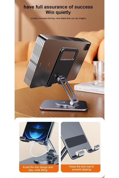 360 C Döner Katlanabilir Alüminyum Tablet & Telefon Standı  Ayarlanabilir, Taşınabilir, Ergonomik Tasarım - 3