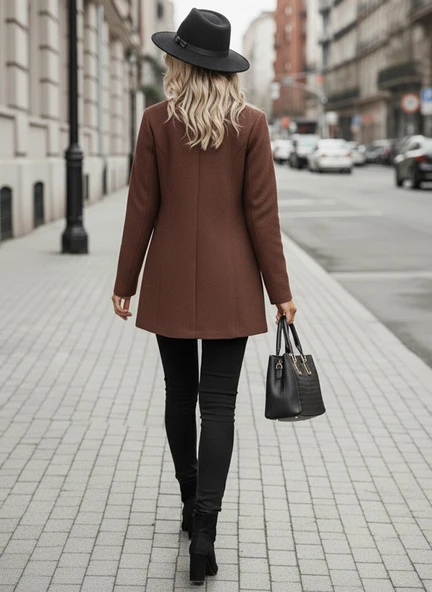 Kahverengi Şık Tasarım Yaka Kaşe Kaban - Resim 3