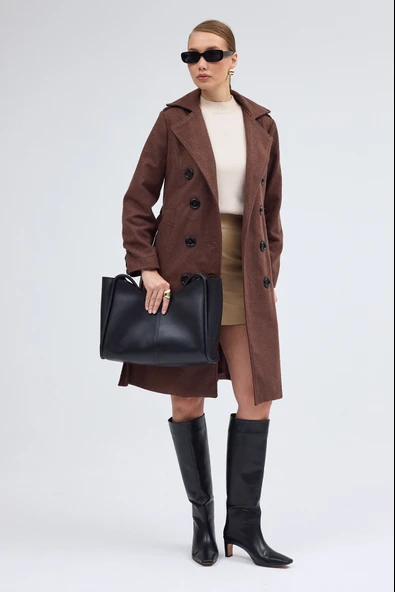 Kemer Detaylı Aksesuarlı Kaşe Kaban - Resim 8