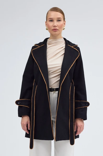 Kaşe Kadın Şık Yaka Kemerli Kaban - 2