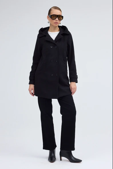 Yaka Detaylı Büyük Düğmeli Kaşe Kaban - Resim 5