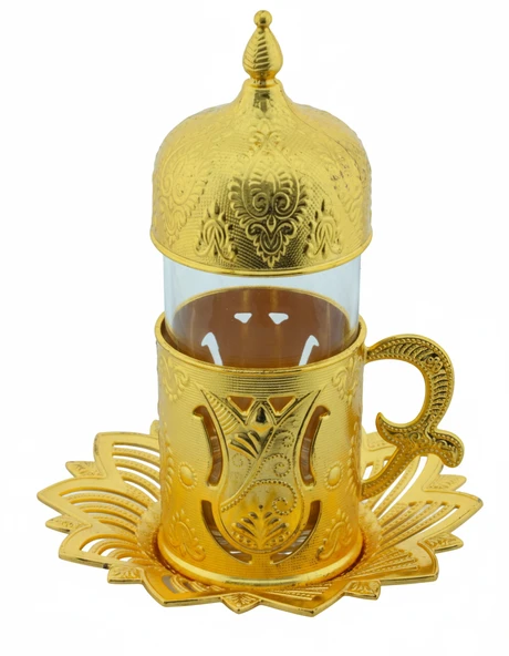 BUSEM Ahsen 6 Kişilik 24 Parça Altın Renkli Çay Bardağı Seti - 4