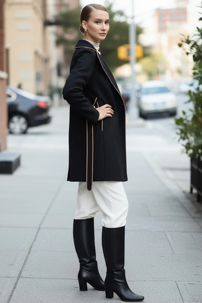 Kaşe Kadın Şık Yaka Süet Detaylı Kemerli Siyah Kaban - Resim 4