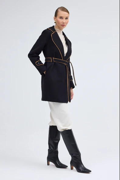 Kaşe Kadın Şık Yaka Kemerli Kaban - Resim 8