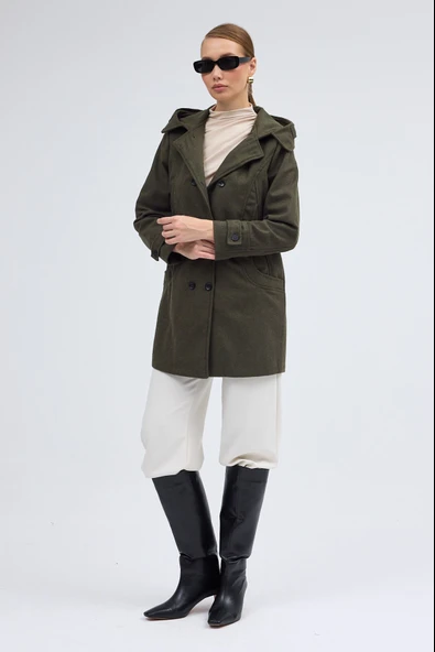 Yaka Detaylı Büyük Düğmeli Kaşe Kaban - Resim 7