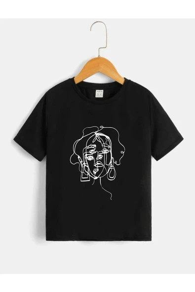 Oversize Siyah Çizgisel Yüz Baskılı T-shirt ürün görseli 1