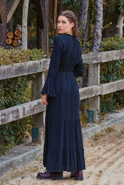 Yakası Lastikli İspanyol Kol Kışlık Elbise - Resim 5