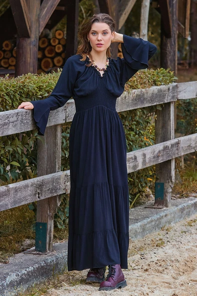 Yakası Lastikli İspanyol Kol Kışlık Elbise - Resim 3