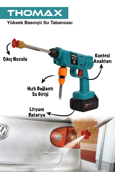 THOMAX Şarjlı Ve Yüksek Basınçlı Oto Yıkama Makinesi Ve Sulama Tabancası Bahçe Yıkama Makinesi - Resim 5