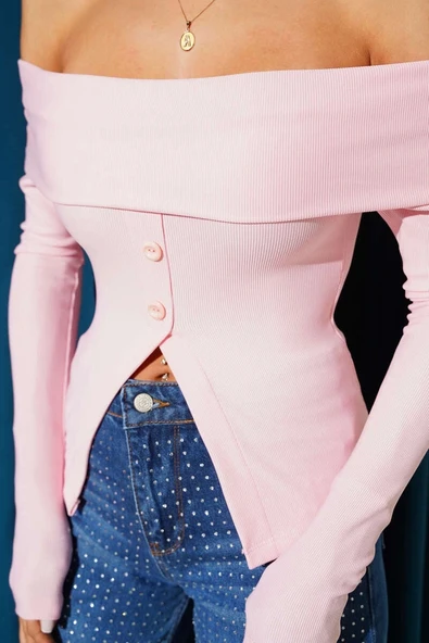 Madonna Yaka Düğmeli Bluz pembe t4329 - 3