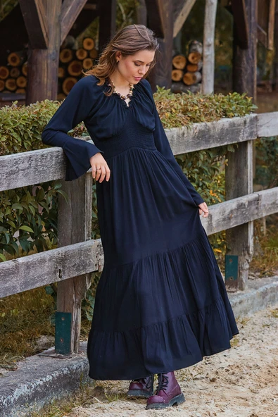 Yakası Lastikli İspanyol Kol Kışlık Elbise - Resim 6