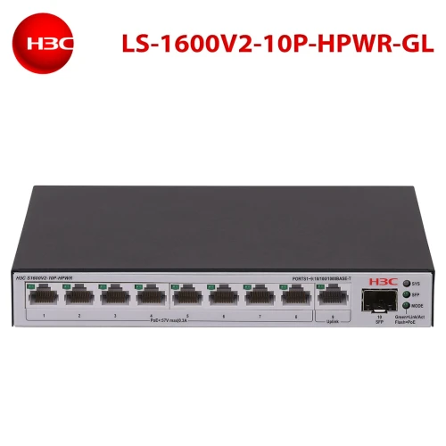 H3C S1600V2-10P-HPWR, 8 Port, GigaBit, PoE 125W, L2, 1 Port GigaBit Uplink, 1 Port GigaBit SFP, Web Yönetilebilir, Masaüstü Switch ürün görseli