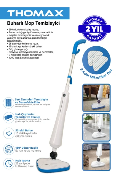 THOMAX Antibakteriyel Buharlı Temizleyici Yüksek Buhar Basınçlı Mop - Resim 2