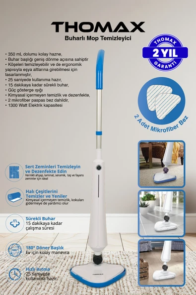 THOMAX Antibakteriyel Buharlı Temizleyici Yüksek Buhar Basınçlı Mop - Resim 6