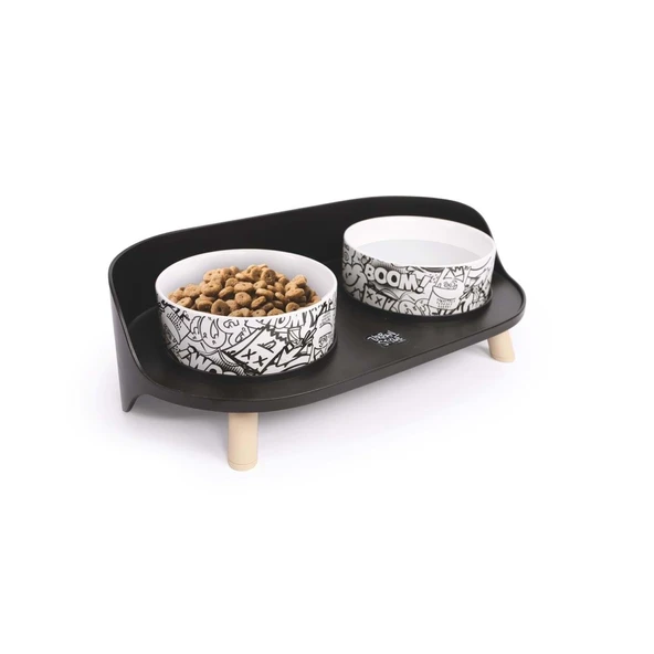 M-Pets Altitude Urban Style Double Raised Pet Bowl 2li Siyah Beyaz - Resim 4
