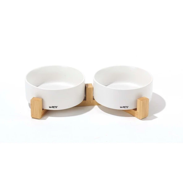 M-Pets Opera Ceramic Bowls Bambu Standlı 2x350 ml Beyaz - Resim 2
