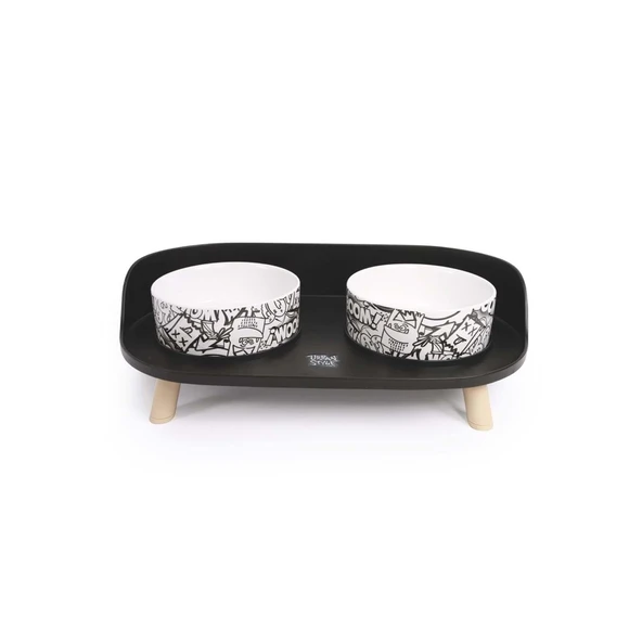 M-Pets Altitude Urban Style Double Raised Pet Bowl 2li Siyah Beyaz - Resim 2