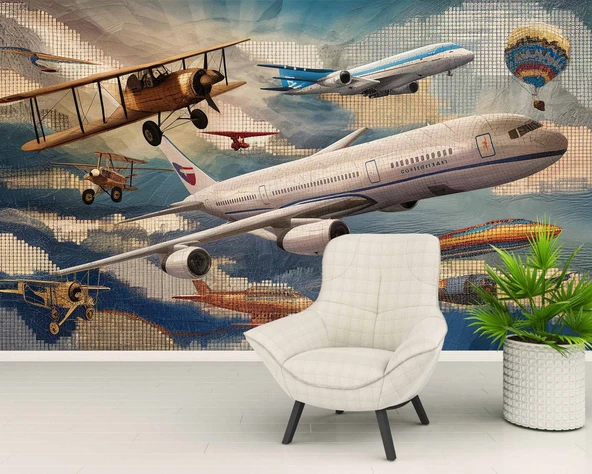 Uçak ve Teyyare Yağlı Boya Çizim Görünümlü Duvar Kağıdı - Resim 6