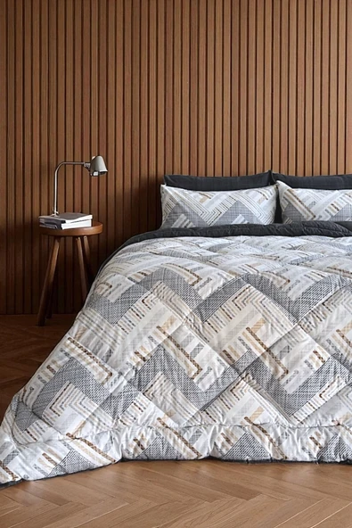 Alla Turca Çift Kişilik 4 Yastık Kılıflı Lastikli Çarşaflı Çift Taraflı Desenli Uyku Seti-Nova Antrasit ürün görseli