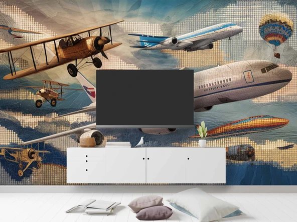 Uçak ve Teyyare Yağlı Boya Çizim Görünümlü Duvar Kağıdı - Resim 3