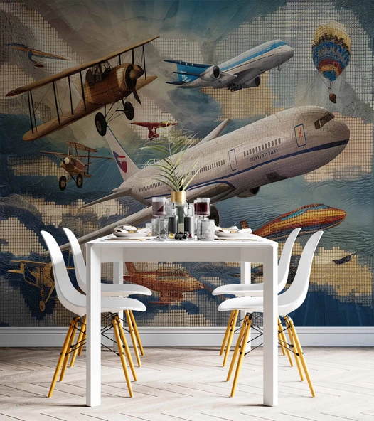 Uçak ve Teyyare Yağlı Boya Çizim Görünümlü Duvar Kağıdı - Resim 5
