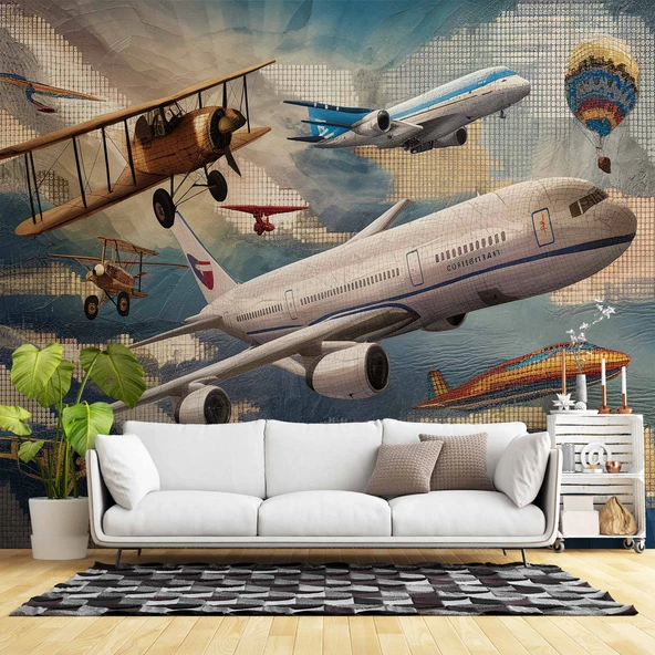 Uçak ve Teyyare Yağlı Boya Çizim Görünümlü Duvar Kağıdı ürün görseli