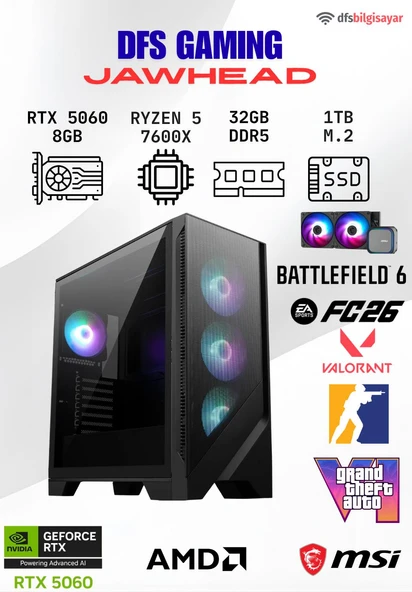 DFS GAMING JAWHEAD RYZEN 5 7600X-B650M-RTX 5060-32GB DDR5 RAM-1TB M.2 SSD-OYUNCU BİLGİSAYARI