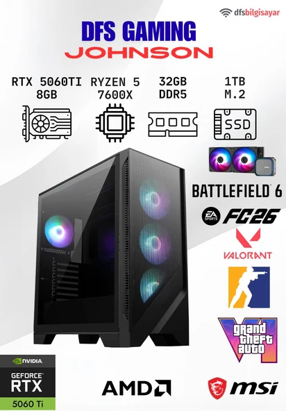 DFS GAMING JOHNSON RYZEN 5 7600X-B650M-RTX 5060 TI 8GB-32GB DDR5 RAM-1TB M.2 SSD-OYUNCU BİLGİSAYARI ürün görseli