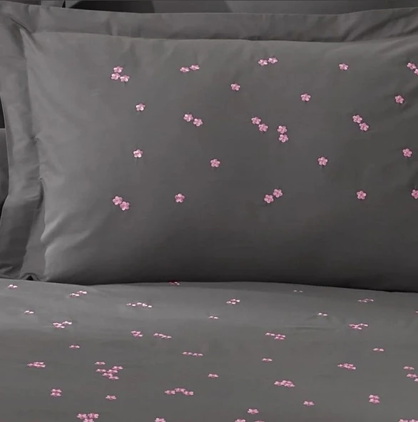 Hobby Çift Kişilik Poplin Premium Nakışlı Nevresim Spring Gri - 3