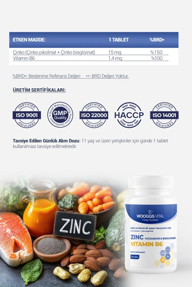 Çinko (Picolinat + Bisglisinat) ve Vitamin B6 İçeren Takviye Edici Gıda – 120 Tablet - 2