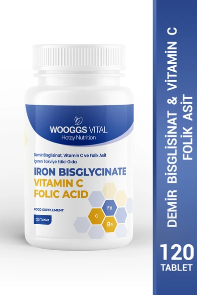 Demir Bisglisinat 14 mg, C Vitamini 50 mg ve Folik Asit 333 mg 120 Tablet Takviye Edici Gıda - 1