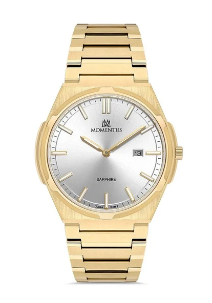 Momentus EM390G-02SG Safir Camlı Çelik Kordon Çelik Kasa 3 ATM Suya Dayanıklı Altın Renk Erkek Kol Saati ürün görseli 1