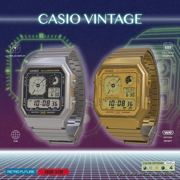 Casio A130WE-7ADF Dijital Ekran Kare Kadran Metal Kordon Plastik Kasa Metalik Renk Üniseks Kol Saati - 5