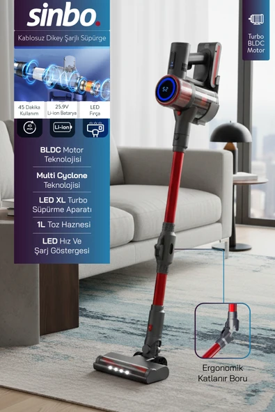 Sinbo SVC-8622 BLDC Motorlu Dikey Kablosuz Şarjlı Led Aydınlatmalı Süpürge ürün görseli