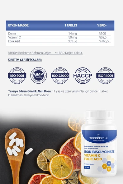 Demir Bisglisinat 14 mg, C Vitamini 50 mg ve Folik Asit 333 mg 120 Tablet Takviye Edici Gıda - 2