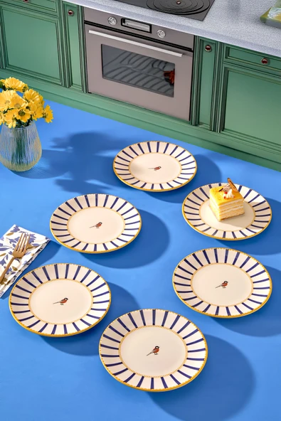 6 lı Pasta Sunum Tabağı Seti - Modern Kuş Desen Çizgili Kek Tatlı Kurabiye Tabak Takımı Mavi - 17 cm ürün görseli 1