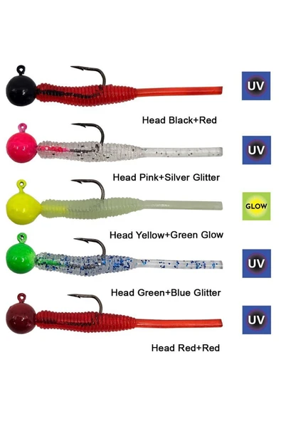 Kendo Hook Worm Jighead+Lrf Silikonu 2gr+4.5cm 5 Adet-Head Yellow+Green Glow - 2
