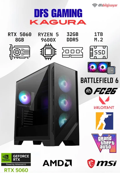 DFS GAMING KAGURA RYZEN 5 9600X-B650M-RTX 5060-32GB DDR5 RAM-1TB M.2 SSD-OYUNCU BİLGİSAYARI