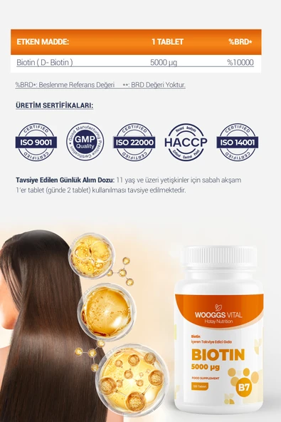 Biotin 5000 µg (Vitamin B7) İçeren Takviye Edici Gıda – 120 Tablet - 2