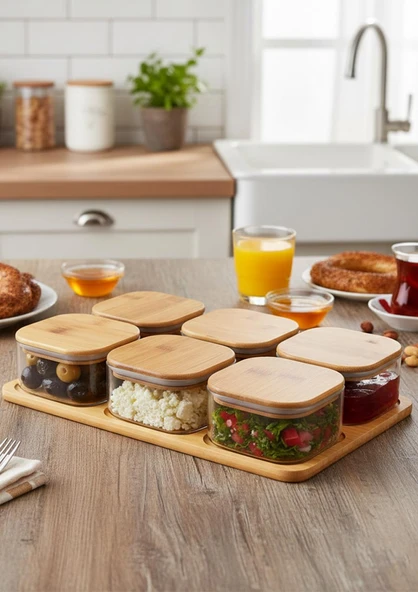 Cam Kahvaltı Takımı -Bambu Kare Kahvaltılık 13 Parça