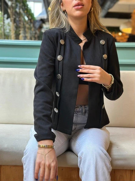 Kadın Uzun Kollu Hakim Yaka Yanlardan Düğmeli Kısa Süet Ceket - Resim 2