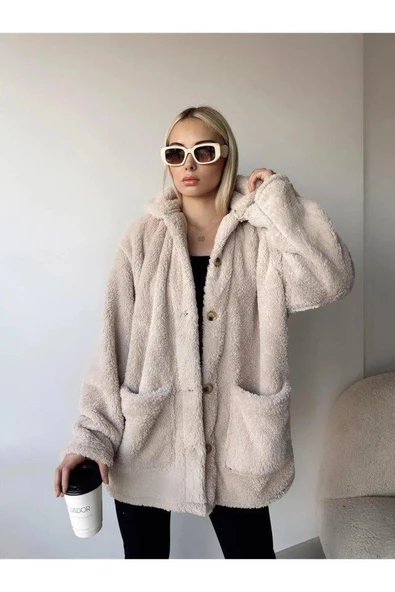 Kadın Uzun Kollu Cep Ve Düğme Detay Wellsof Kumaş Kaban - 5