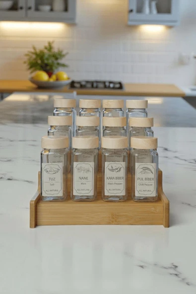 12'li Bambu Standlı Kare Form Cam Baharatlık Seti Takımı Etiket Saklama Kabı Mutfak Düzeni Organizer - Resim 2