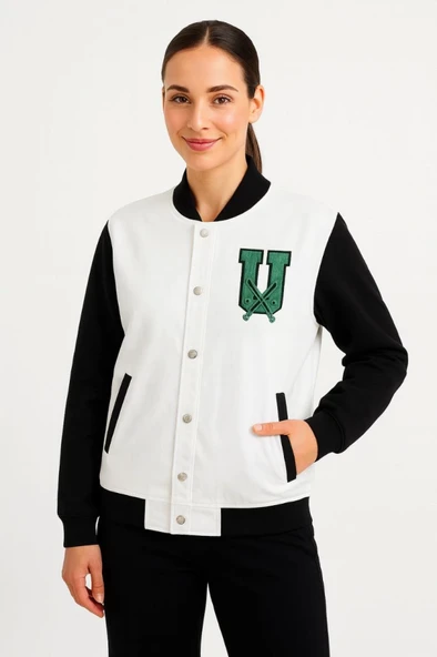 İki İplik Nakış İşlemeli Kolej Ceket - Beyaz ürün görseli