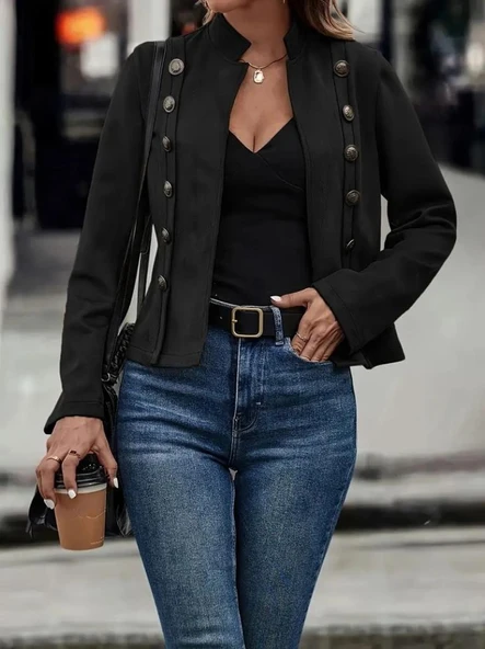 Kadın Uzun Kollu Hakim Yaka Yanlardan Düğmeli Kısa Süet Ceket - Resim 5