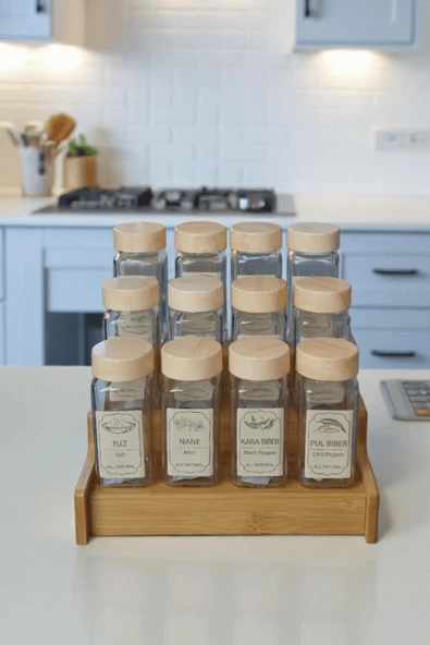12'li Bambu Standlı Kare Form Cam Baharatlık Seti Takımı Etiket Saklama Kabı Mutfak Düzeni Organizer - Resim 3