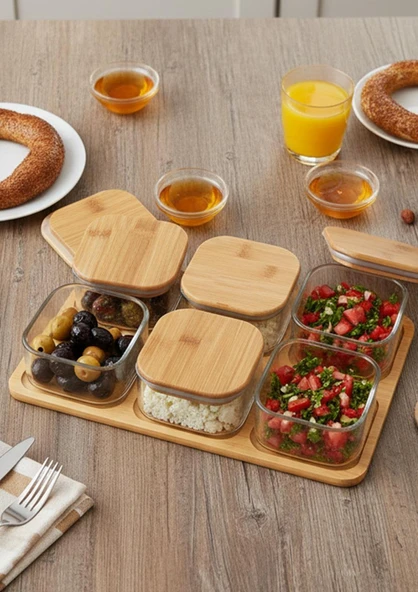 Cam Kahvaltı Takımı -Bambu Kare Kahvaltılık 13 Parça - 2