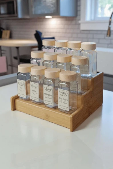 12'li Bambu Standlı Kare Form Cam Baharatlık Seti Takımı Etiket Saklama Kabı Mutfak Düzeni Organizer - Resim 4