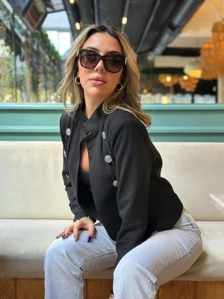 Kadın Uzun Kollu Hakim Yaka Yanlardan Düğmeli Kısa Süet Ceket - Resim 8