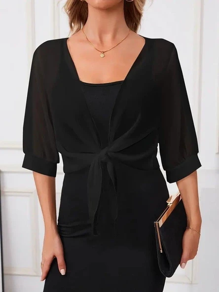 Kadın Truvakar Kol önden Bağlamalı Kısa şifon Bolero Ceket - Resim 3